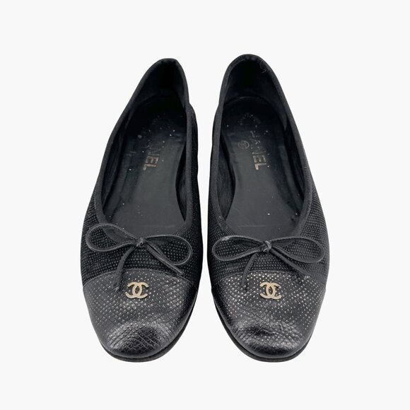 Chanel CC Cap Toe Ballet Flats Black & Gold Textured Shoes Size 38.5 US 7.5-8 - Picture 2 of 14